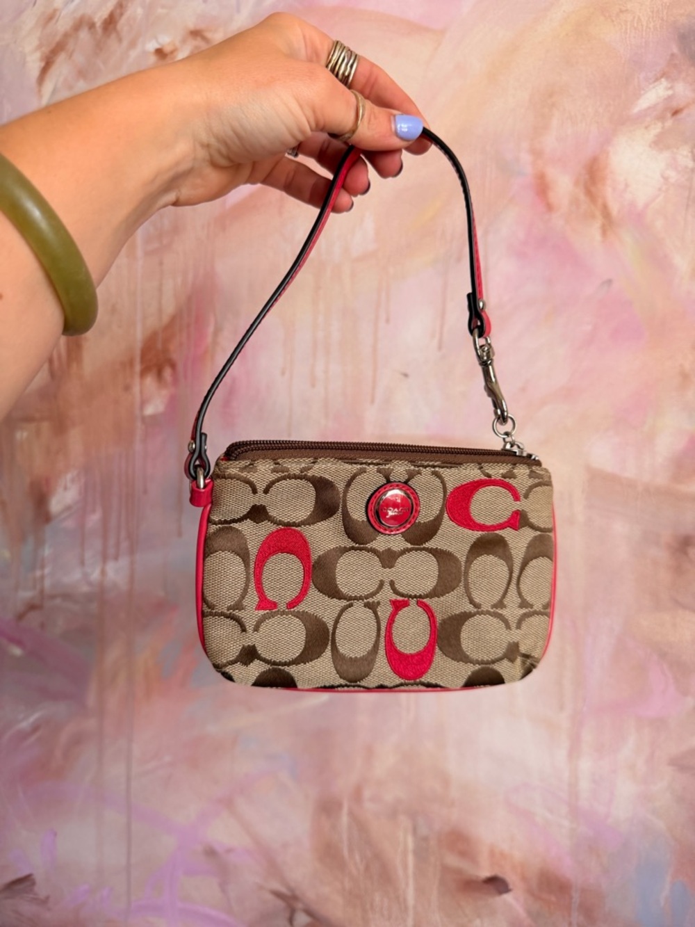 Coach Khaki Signature Canvas Wristlet with Pink Trim